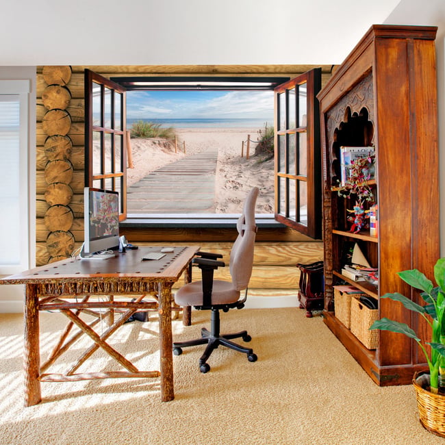 Papier peint intissé panoramique Paysage Beach outside the window Couleur beige <span itemprop=