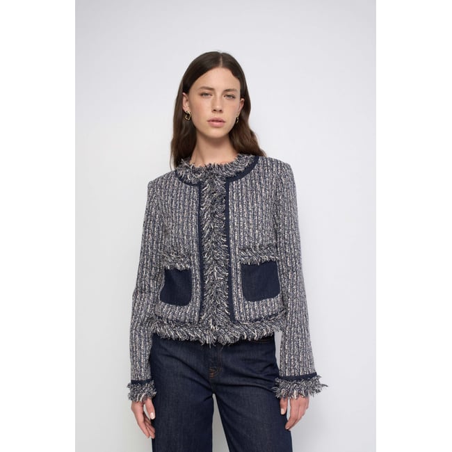 VESTE EN TWEED À FRANGES bleu <span itemprop=