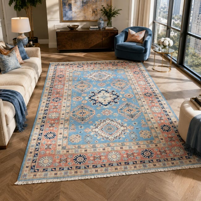 Tapis salon géométrique, artisanal noué main en laine naturelle Couleur bleu, beige, rose <span itemprop=