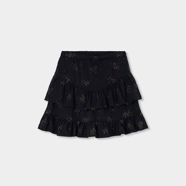 Jupe fille en maille imprimée avec étoiles et volants noir <span itemprop=