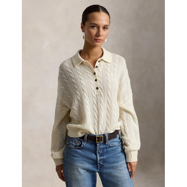 Pull col polo torsadé en laine et cachemire crème <span itemprop=