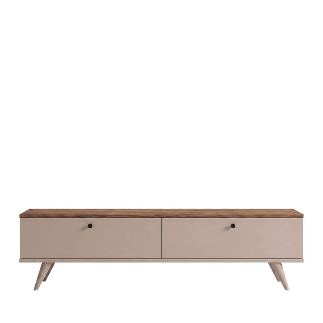 Meuble TV 2 portes plateau bois foncé L140cm- YARA Couleur beige <span itemprop=