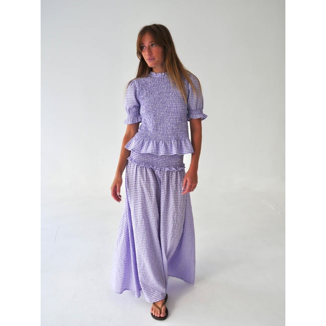 Jupe longue vichy taille smockée LEA lavande <span itemprop=