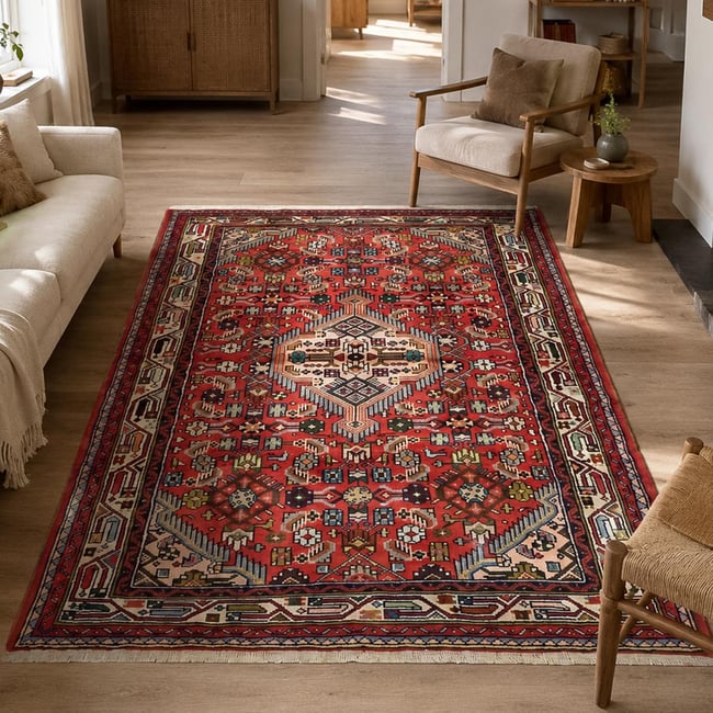 Tapis d'orient au motif oriental, noué main, HAMADAN 178 Couleur rouge, beige, bleu <span itemprop=