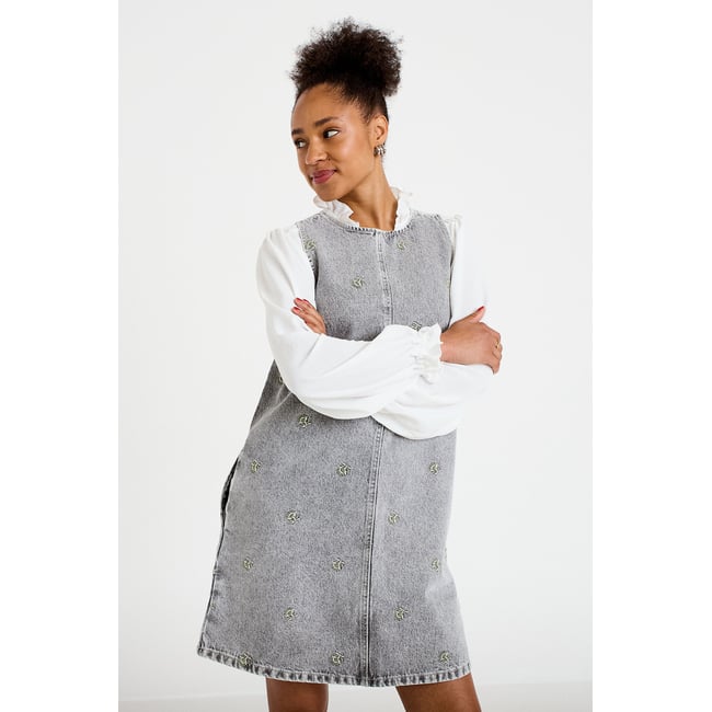 Robe courte évasée en jean sans manches denim gris <span itemprop=