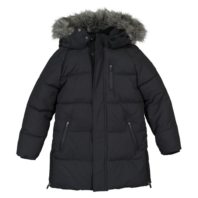 Doudoune longue chaude à capuche, bordure amovible gris foncé <span itemprop=