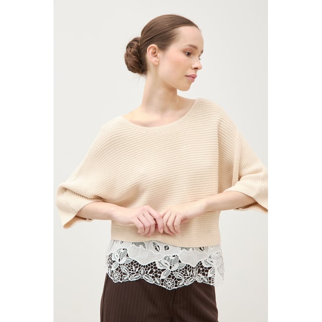 Pull col bateau manches courtes ivoire <span itemprop=