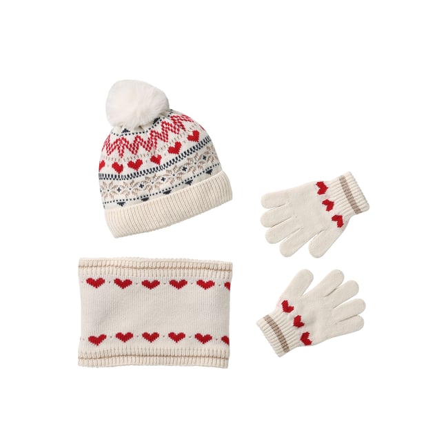 Ensemble bonnet, snood et moufles écru <span itemprop=