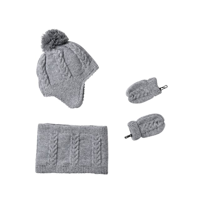 Ensemble bonnet, snood et moufles gris chiné <span itemprop=
