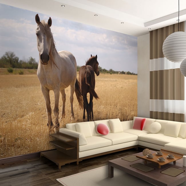 Papier peint intissé panoramique Animaux Cheval et poulain Couleur beige <span itemprop=