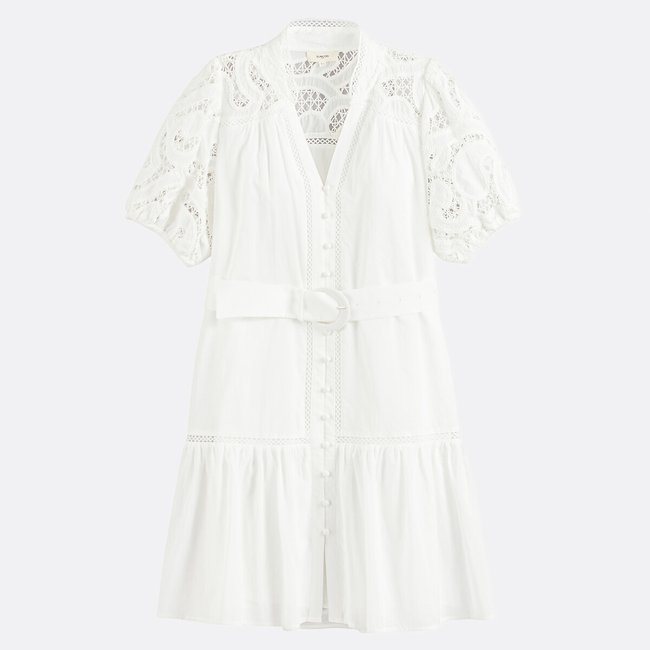 Robe manches courtes détails broderies, CATLEYA blanc cassé <span itemprop=