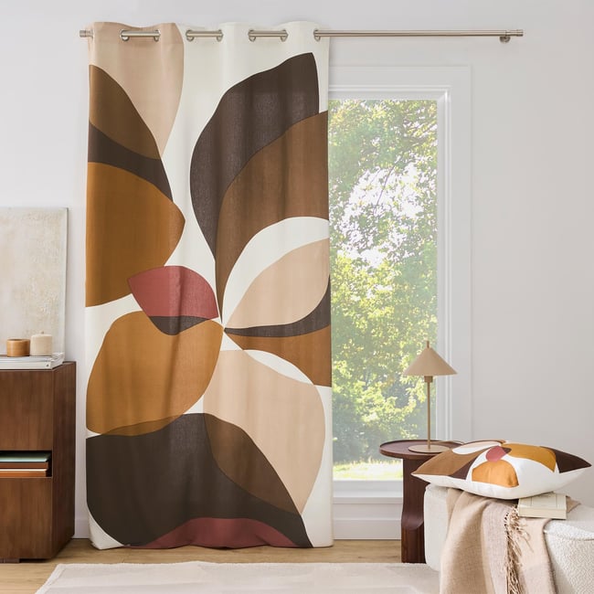 Rideau tamisant à œillets en polycoton imprimé géométrique marron <span itemprop=