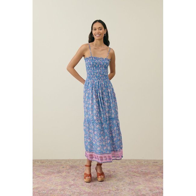Robe longue imprimée à fines bretelles, MARCIANE  imprimé bleu <span itemprop=