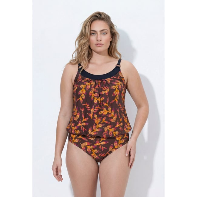 Tankini motif feuilles brun terre <span itemprop=