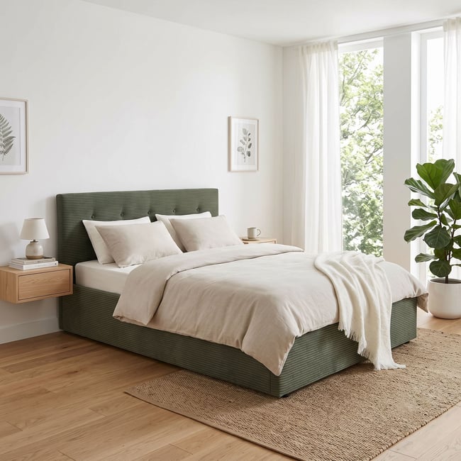Lit coffre en velours côtelé grosses côtes avec tête de lit rembourrée Couleur kaki <span itemprop=