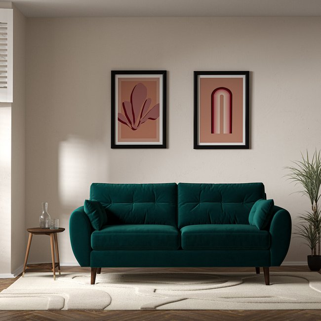 Ada Scandi Buttoned Velvet 3 Seater Sofa with Dark Wood Legs - SO'HOME