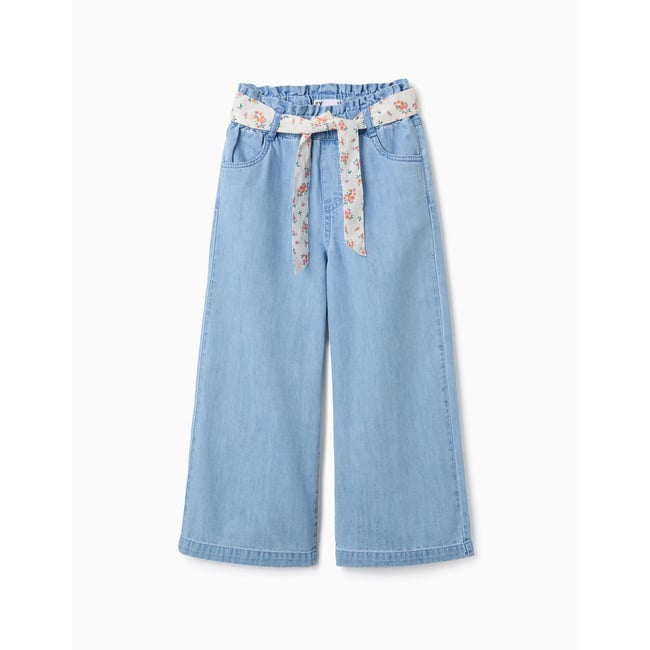 Pantalon en jean à jambe large avec ceinture à motif floral bleu <span itemprop=