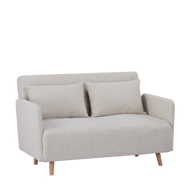 Canapé convertible 2 places en tissu bouclette pieds bois clair L120cm- BELUSHI Couleur beige <span itemprop=