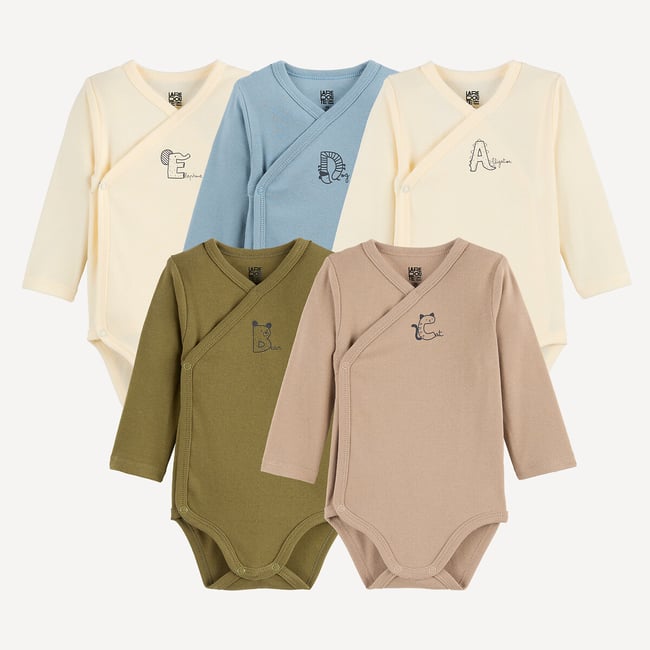 Lot de 5 bodies croisés manches longues, en coton, thème abécédaire assortis <span itemprop=