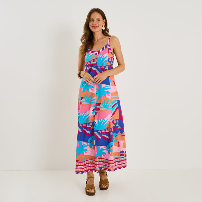 Robe longue imprimée à bretelles bleu <span itemprop=