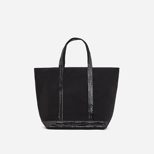 Cotton Canvas Medium Tote Bag with Sequin Trim, black, VANESSA BRUNO