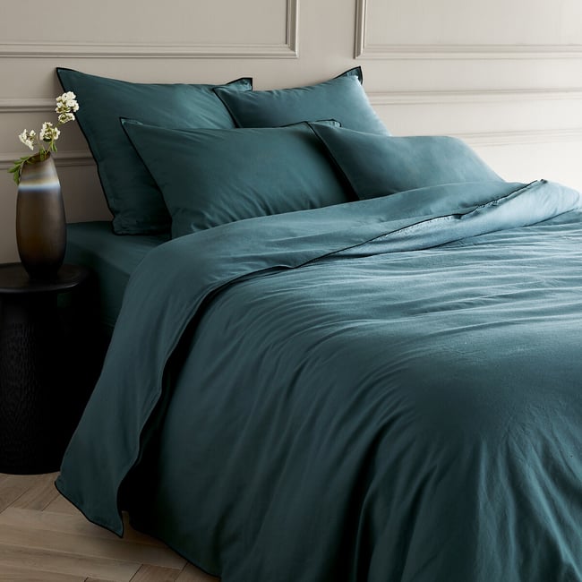Housse de couette en voile de coton lavé, Gypse bleu persan <span itemprop=
