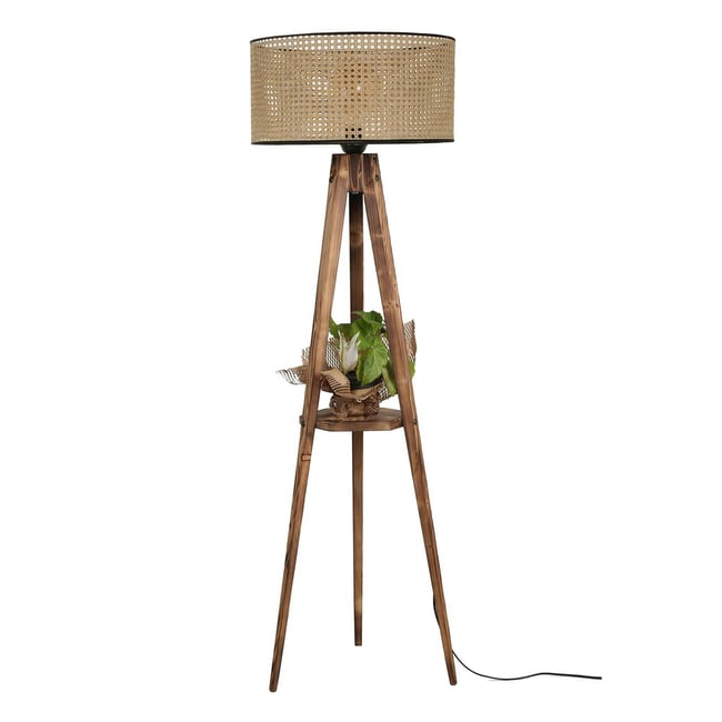 Lampadaire trépied effet bois avec abat-jour cannage KILIS Couleur beige <span itemprop=