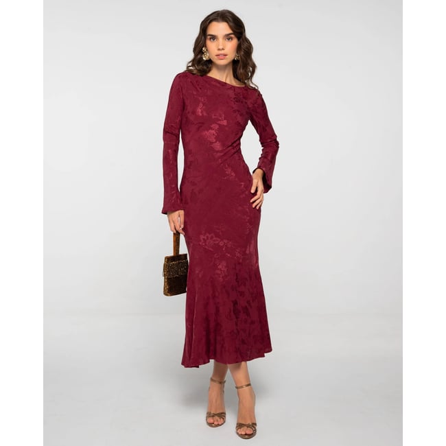 Robe longue violet avec drapé et jupe à volants VALENTINA prune <span itemprop=