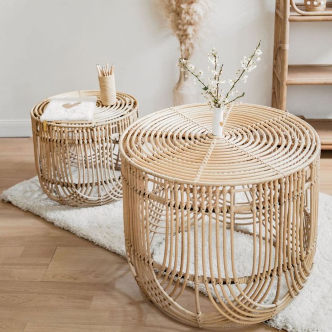 Tables basses rotin et métal /set de 2 tables basses - JAVA Couleur rotin blanchi <span itemprop=