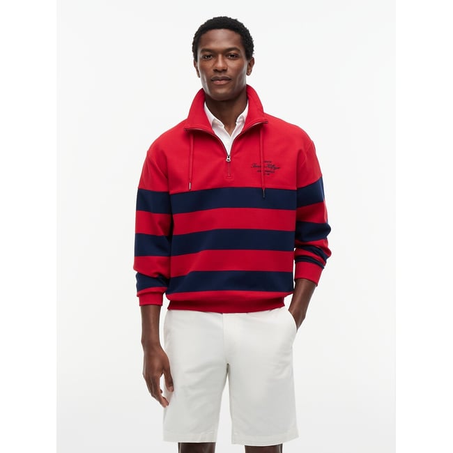Sweat demi-zippé col montant rouge/marine <span itemprop=