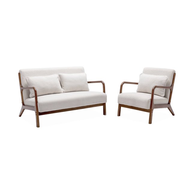 Banquette 2 places + Fauteuil bois d'hévéa teinté noyer clair et bouclette LORENS Couleur bouclette blanche <span itemprop=