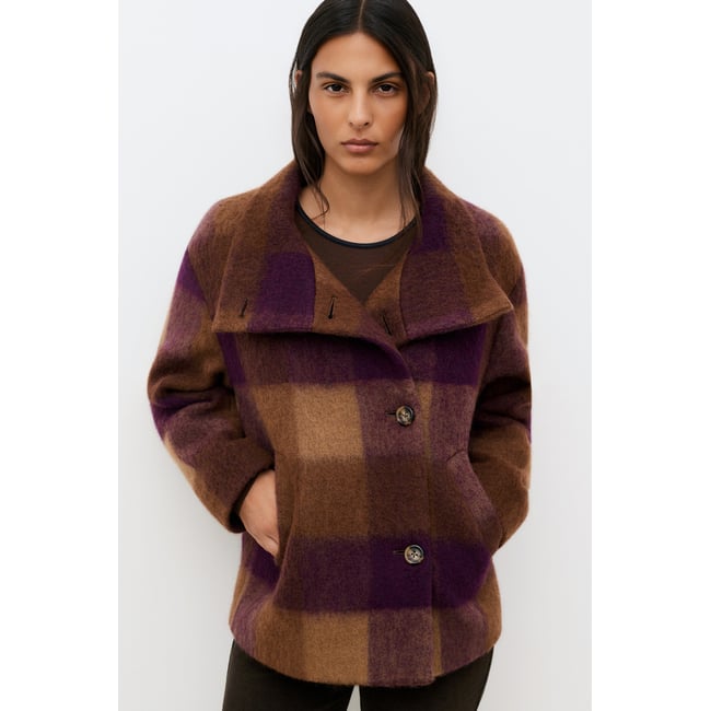 Manteau court droit col montant GCOMETECARREAU prune <span itemprop=