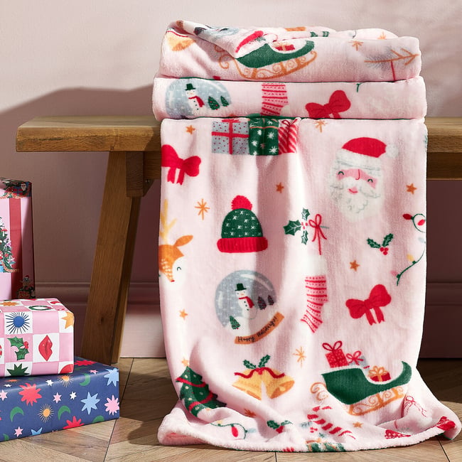 Happy Holidays Christmas Cosy Fleece Blanket Throw, pink, CATHERINE LANSFIELD