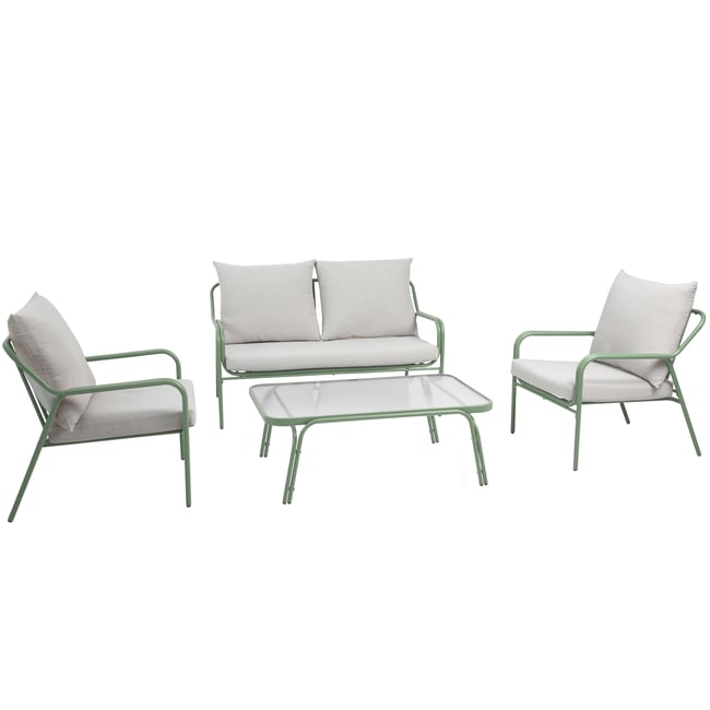 Salon de jardin en métal et verre trempé 4 places, MALTE vert <span itemprop=