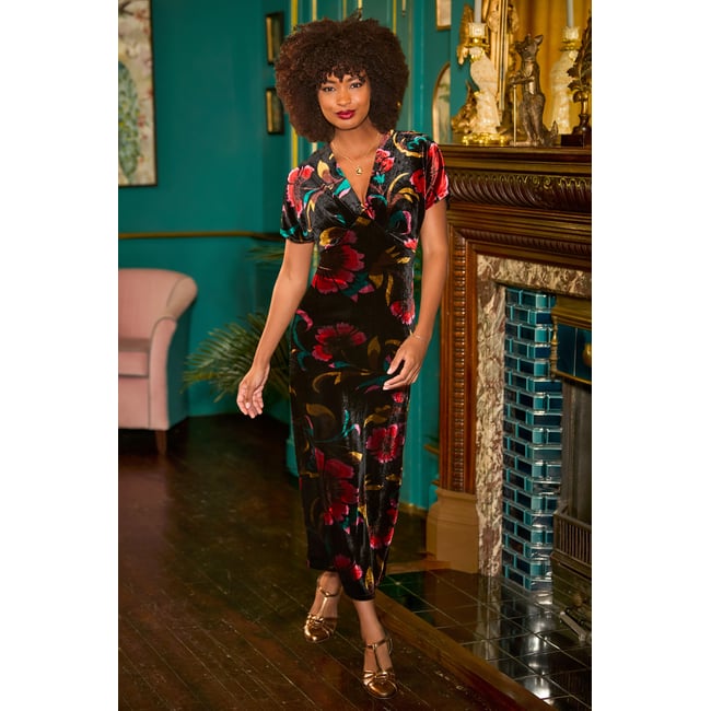 Robe Col V en Velours Fleurs Exquises noir <span itemprop=