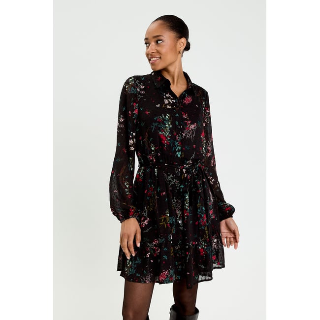 Robe évasée col chemise noir <span itemprop=