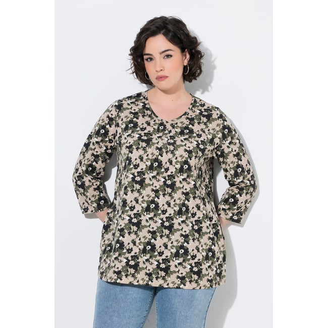T-shirt à fleurs, plis fantaisie gris olive <span itemprop=