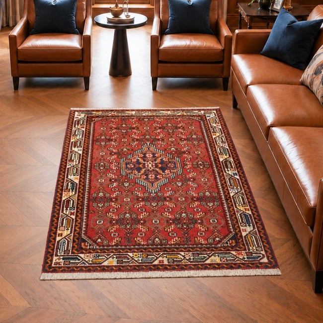 Tapis d'orient à motif oriental, noué main en laine, HAMADAN 26 Couleur rouge, bleu, crème <span itemprop=
