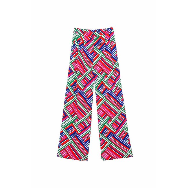 Wide Leg Trousers in Floral Print with Elasticated Waist, blue print/pink, LA PETITE ETOILE