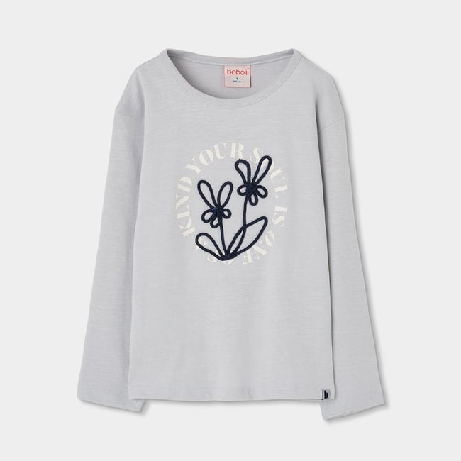 T-shirt fille en maille avec fleurs brodées gris <span itemprop=