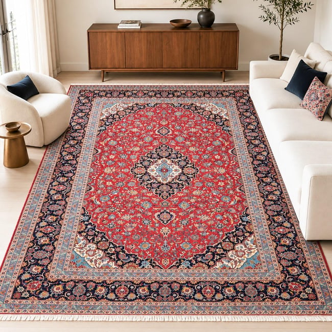 Tapis d'orient au motif oriental, noué main en laine, ARDAKAN 8 Couleur rouge, bleu, crème <span itemprop=