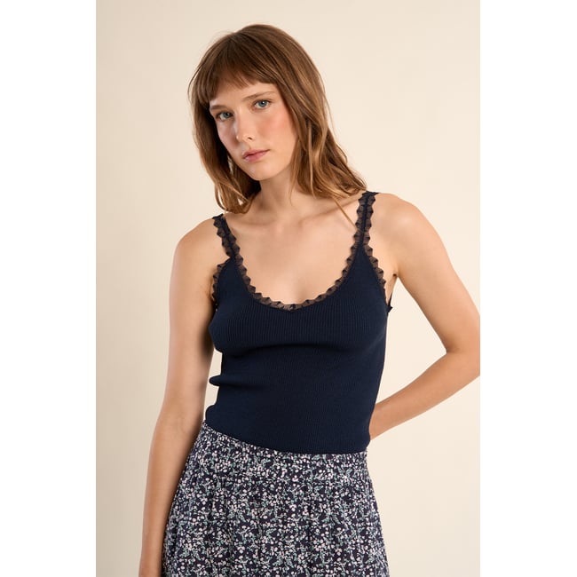 Débardeur en maille, bretelles dentelles navy blue <span itemprop=