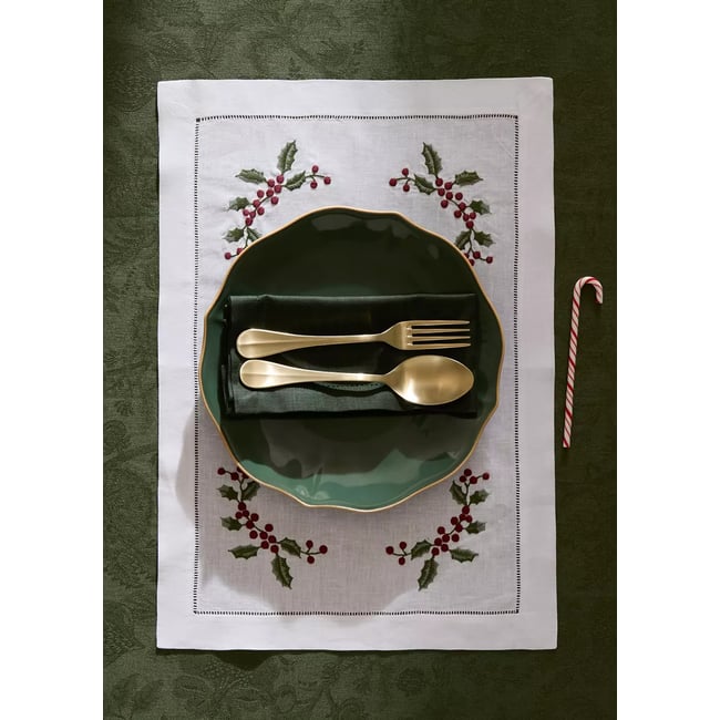 Set de table en lin brodé de Noël Couleur blanc cassé <span itemprop=