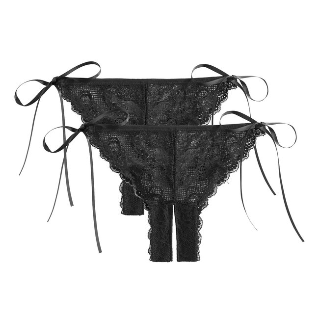 Lot de 2 string fendus en dentelle noir <span itemprop=