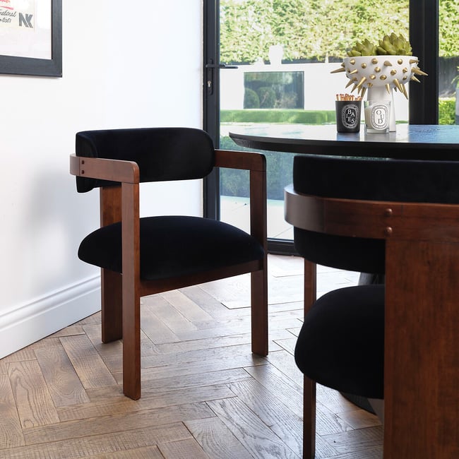Mirabella Curved Velvet Dining Armchair with Walnut Frame, black/walnut, ÉDITÉ