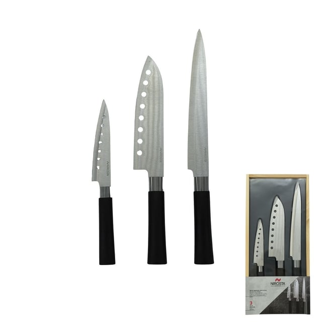 Coffret de 3 couteaux style Japonais Santoku, Gyuto et Honesuki gris,noir <span itemprop=