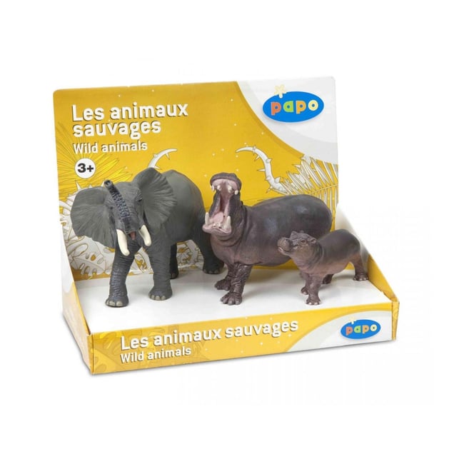 Figurine Eléphant, hippopotame et son petit gris <span itemprop=