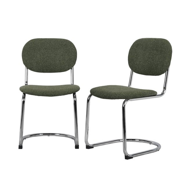 Chaise cantilever arrondie métal, bouclette texturée et pieds chromés (lot de 2) MALOA Couleur kaki <span itemprop=