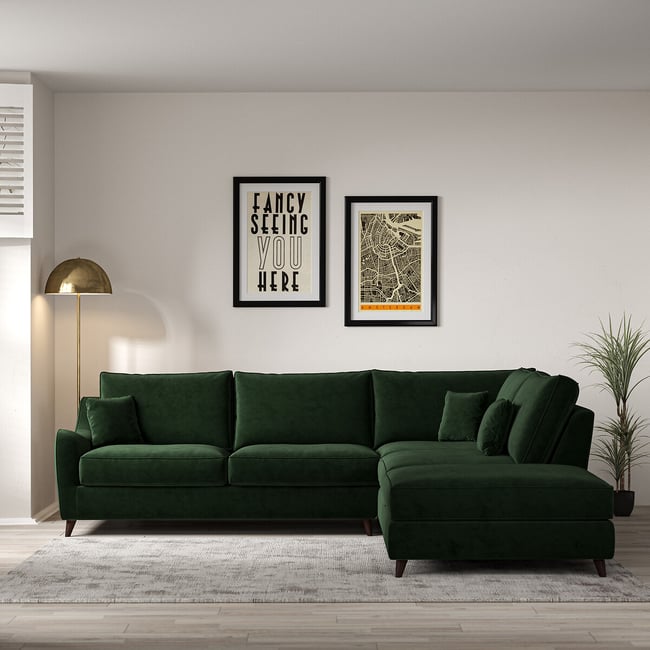 Amelia Velvet Corner Sofa & Modular Footstool Set with Dark Wood Legs (Right Facing) - ÉDITÉ