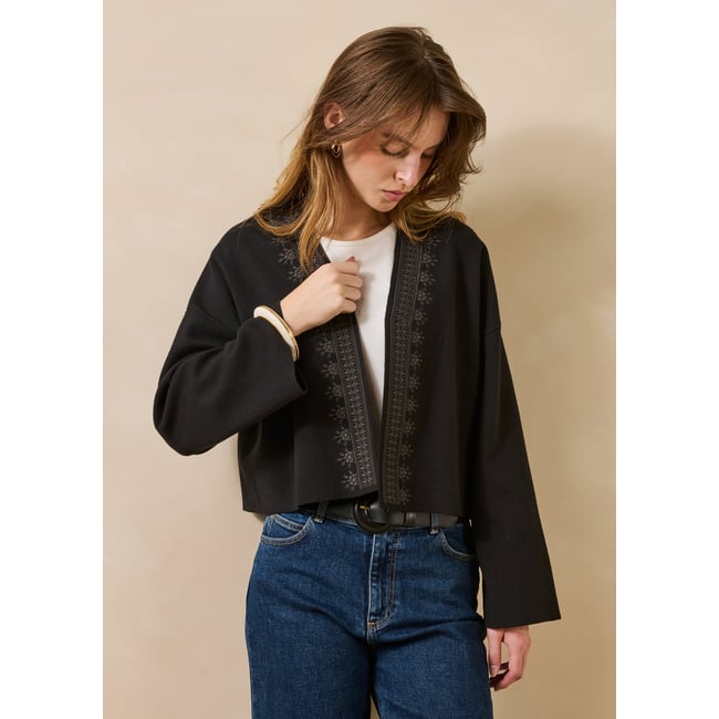 Gilet court et ample manches longues en milano noir/kaki <span itemprop=